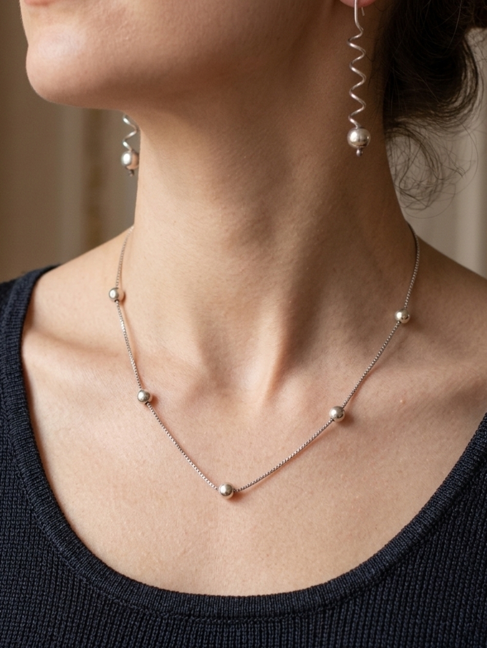 Sterling Silver Minimalist Ball Station Necklace & Spiral Drop Earring Set